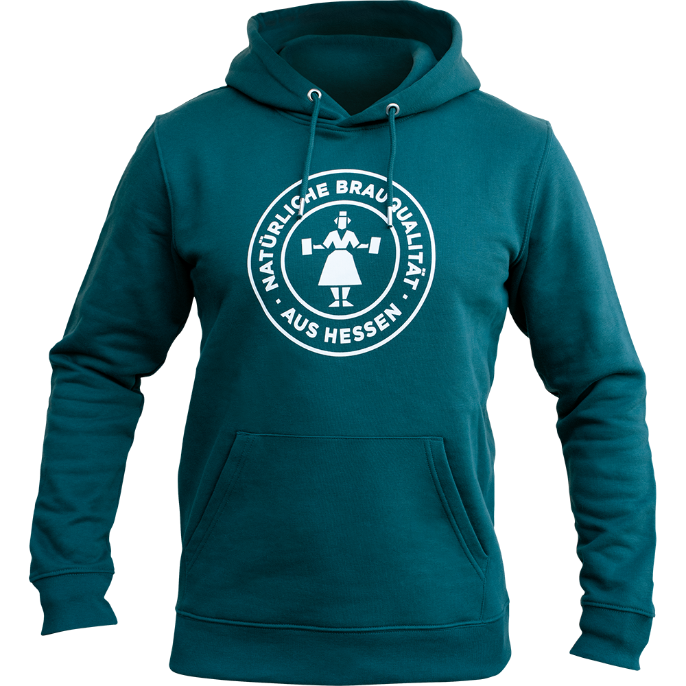 Dunkelgrüner Unisex_Hoodie mit Hessenmädchen und der Aufschrift "Natürliche Brauqualität aus Hessen" in der oberen Mitte.